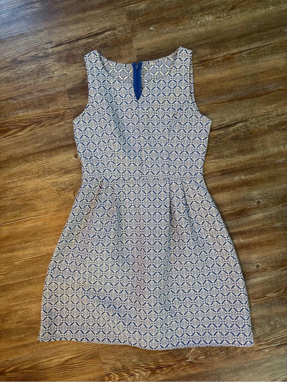 Sleeveless Blue and White Patterned Fit-and-Flare Dress